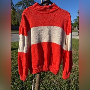 Aerie Women's Orange and Cream Striped Crewneck Sweater